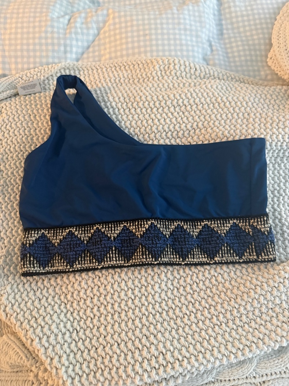 One-Shoulder Blue Bikini Top with Geometric Trim